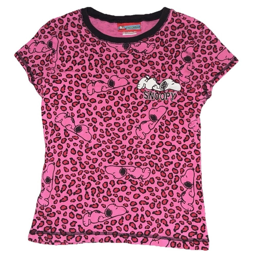 Peanuts Snoopy Leopard Print Baby Tee Women's M Pink Y2K Fitted Top